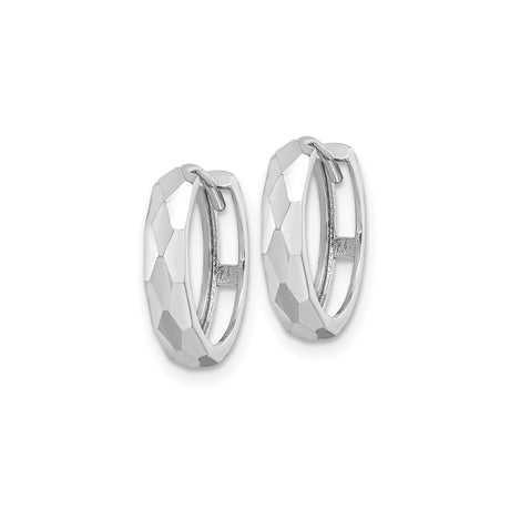 14k White Gold Hoop Earrings, Faceted Hexagon Design, Polished Minimalist Style for Women
