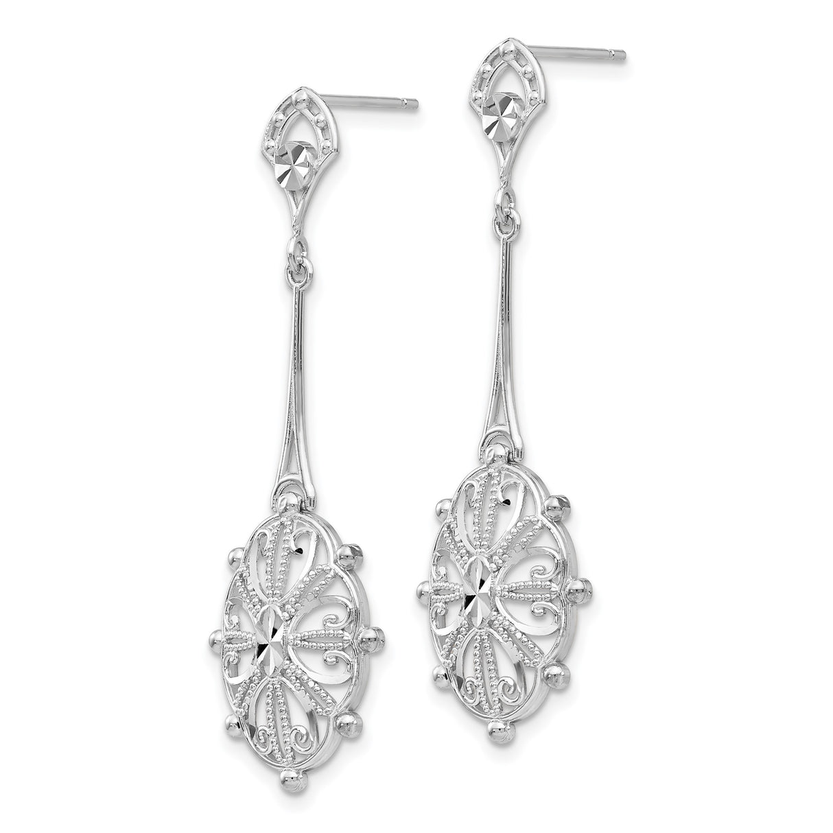14k White Gold Dangle Earrings with Oval Floral Filigree and Beaded Scrollwork
