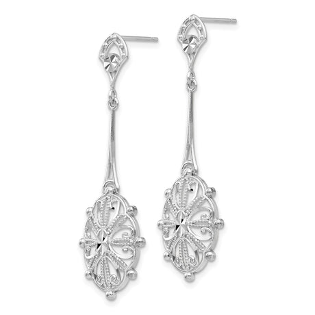 14k White Gold Dangle Earrings with Oval Floral Filigree and Beaded Scrollwork