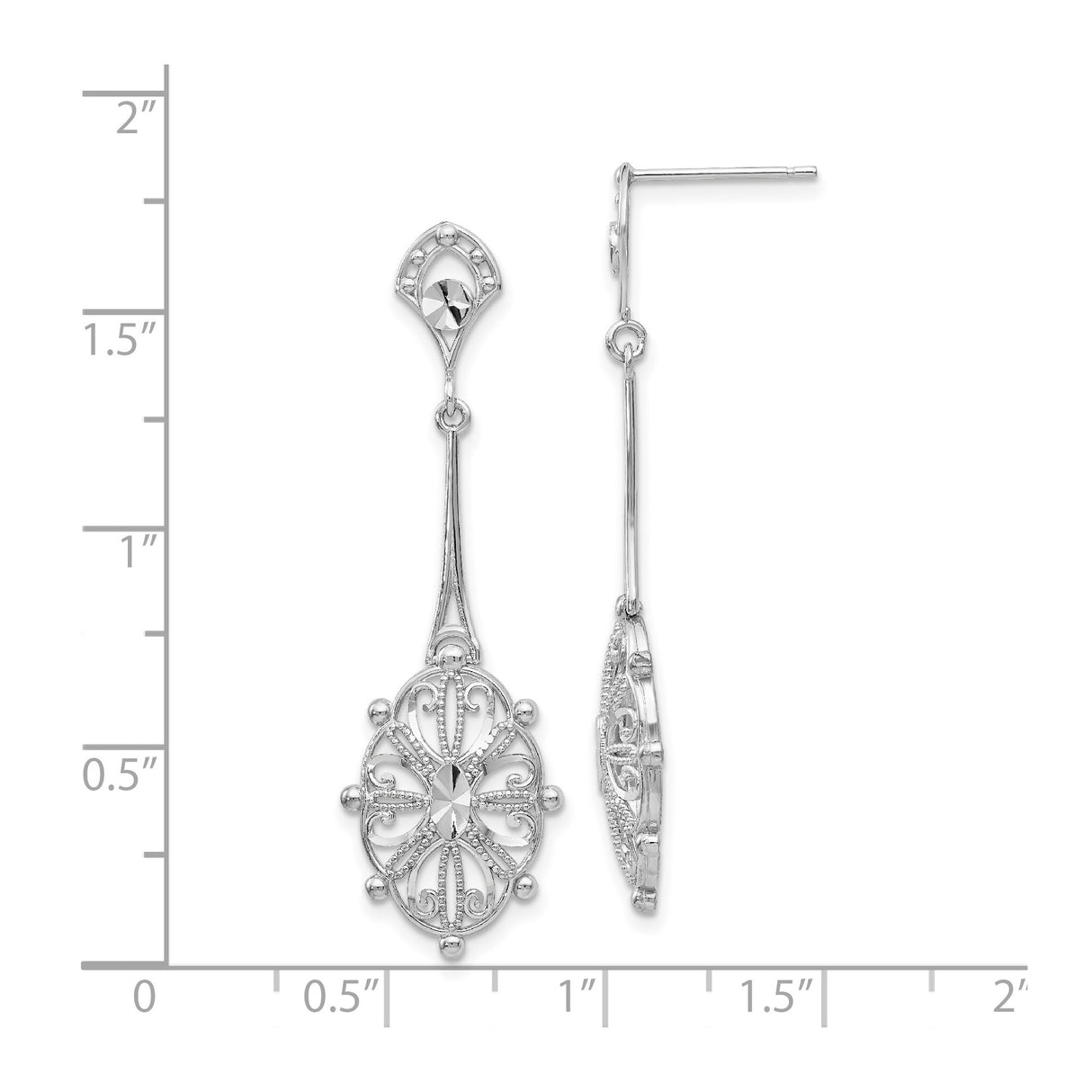 14k White Gold Dangle Earrings with Oval Floral Filigree and Beaded Scrollwork