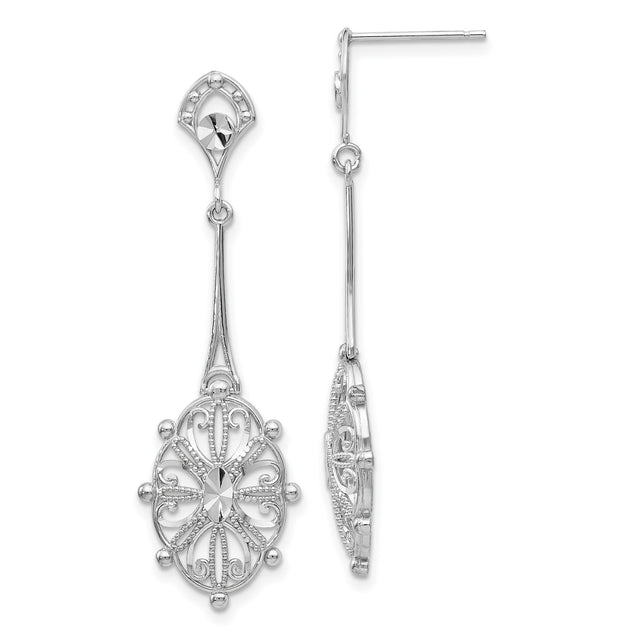 14k White Gold Dangle Earrings with Oval Floral Filigree and Beaded Scrollwork