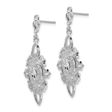 14k White Gold Filigree Dangle Earrings with Marquise Cut Accent, Vintage Scrollwork Design