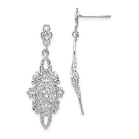 14k White Gold Filigree Dangle Earrings with Marquise Cut Accent, Vintage Scrollwork Design