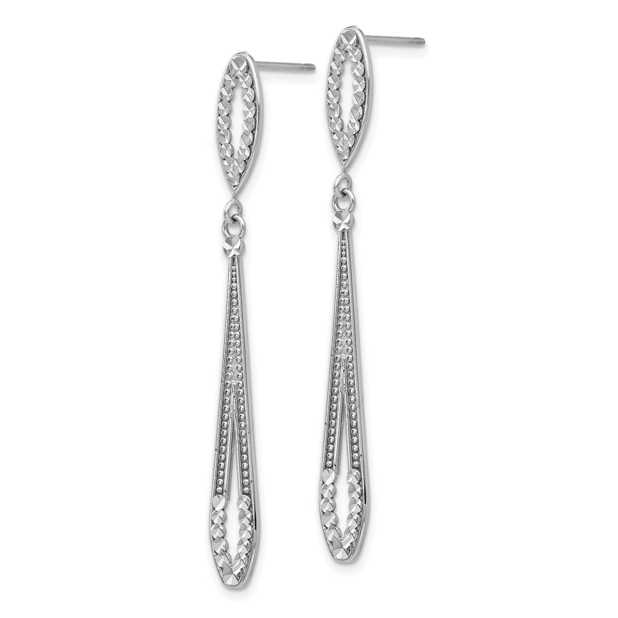 14k White Gold Dangle Earrings, Elongated Marquise and Teardrop Drop, Diamond Cut Detailing