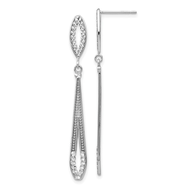 14k White Gold Dangle Earrings, Elongated Marquise and Teardrop Drop, Diamond Cut Detailing