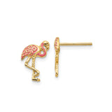 14k Yellow Gold Flamingo Stud Earrings with Pink Enamel Accents, Tropical Theme for Women and Girls