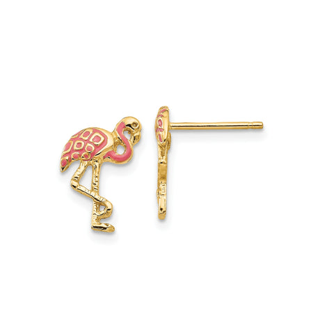 14k Yellow Gold Flamingo Stud Earrings with Pink Enamel Accents, Tropical Theme for Women and Girls
