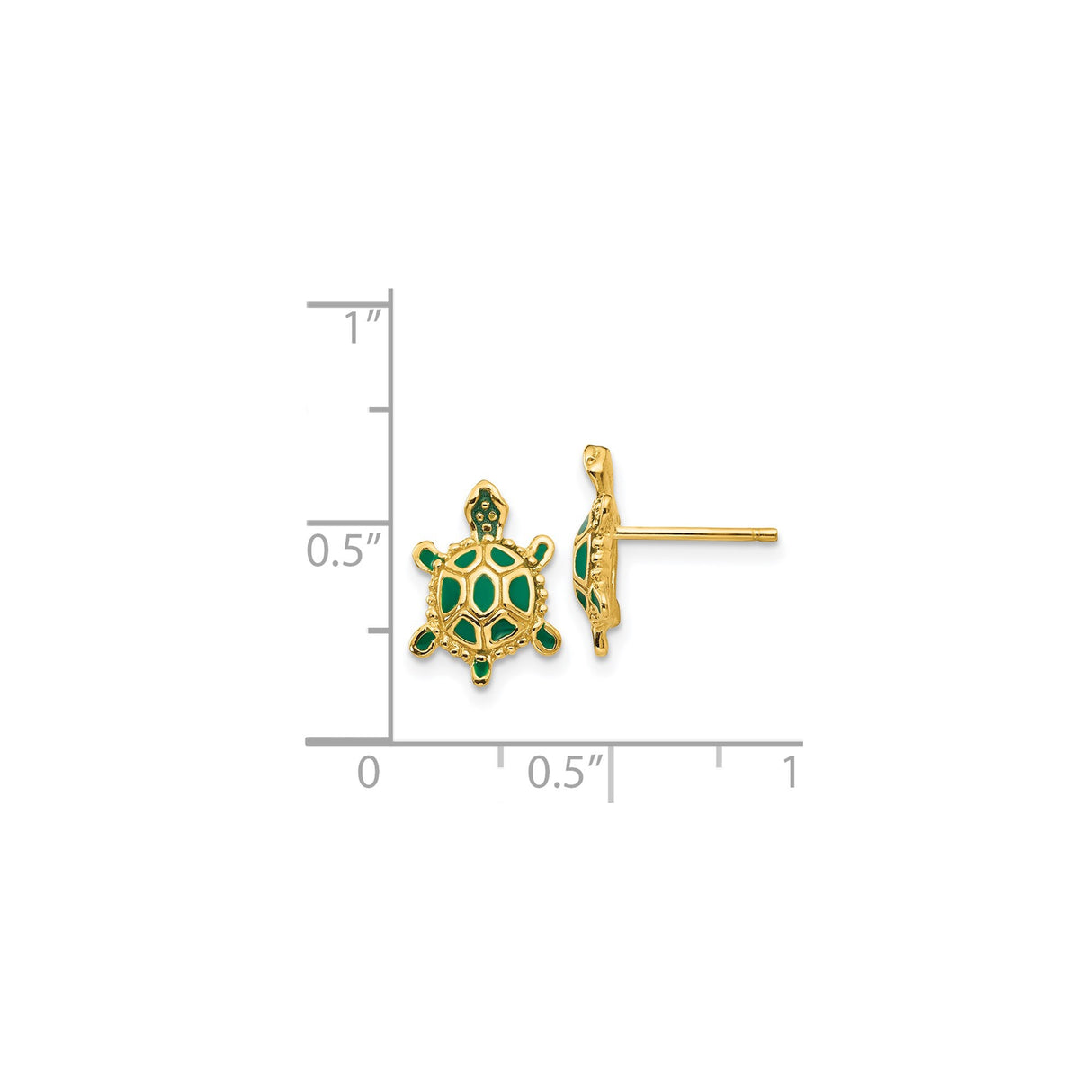 14k Yellow Gold Turtle Stud Earrings with Green Enamel, Sea Life Theme for Women