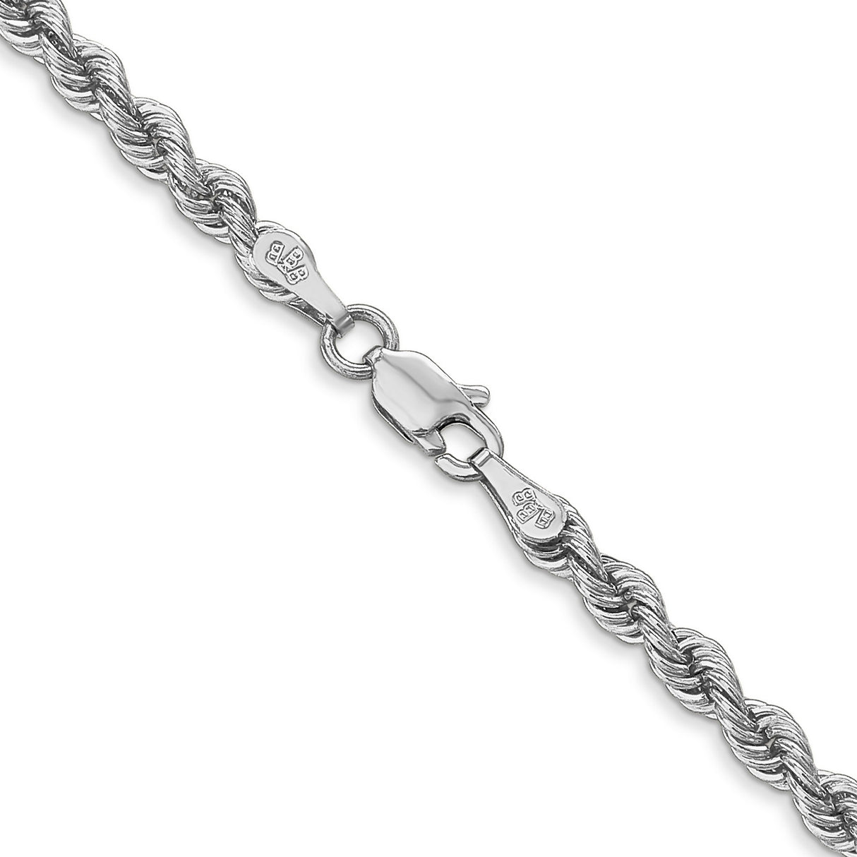 14K White Gold 3 mm Rope Chain Necklace, Polished alternate angle