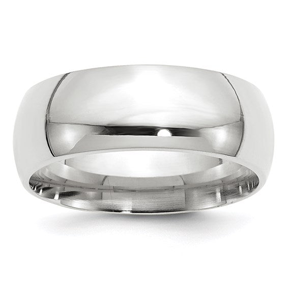 14K White Gold Comfort Fit Wedding Band, Polished Dome, Classic Solid 8 Mm