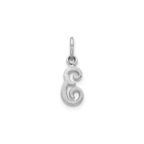 14k White Gold Script Initial E Pendant with Textured Finish and Scroll Design