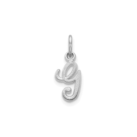 14k White Gold Initial Pendant, Script Letter G Monogram Charm, Textured Cursive Design