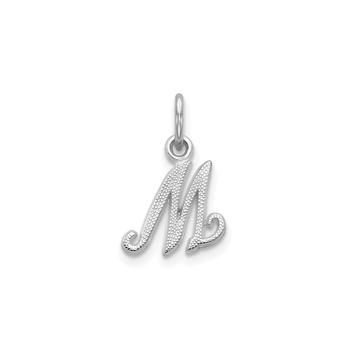 14k White Gold Script M Pendant, Textured Letter Charm for Necklace or Bracelet