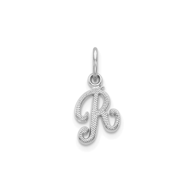 14k White Gold Script Letter R Pendant Charm, Textured Initial Monogram Jewelry for Women