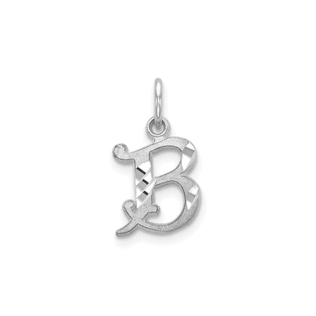 14k White Gold Initial Charm Pendant, Script Letter B with Textured Diamond-Cut Finish