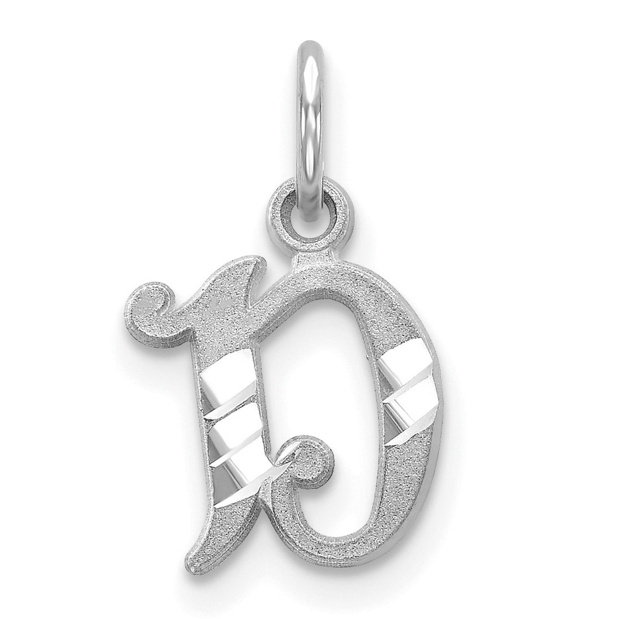 14k White Gold D Initial Pendant Charm, Textured and Polished Script Letter Design