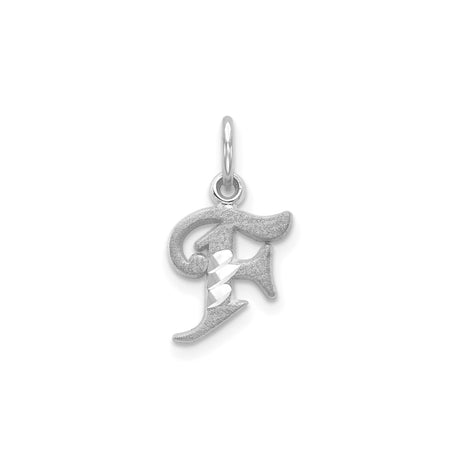 14k White Gold F Initial Pendant Charm, Bold Old English Font, Textured Satin Finish