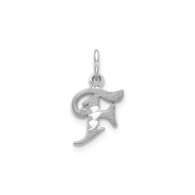 14k White Gold F Initial Pendant Charm, Bold Old English Font, Textured Satin Finish
