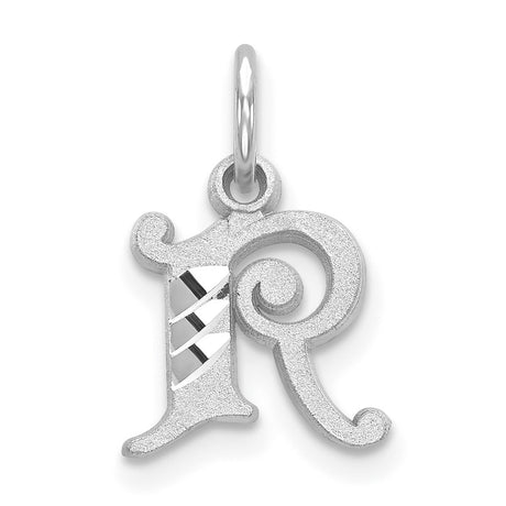 Satin Fancy Uppercase Letter R Initial With Accents Charm Pendant in Real 14k White Gold