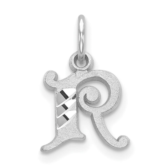 Satin Fancy Uppercase Letter R Initial With Accents Charm Pendant in Real 14k White Gold