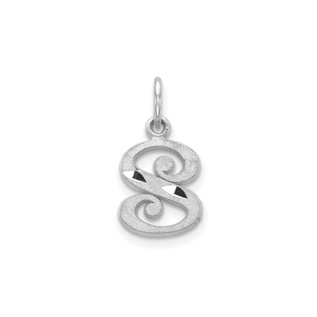 14k White Gold Script Letter S Pendant, Polished and Textured Finish, Monogram Charm for Women