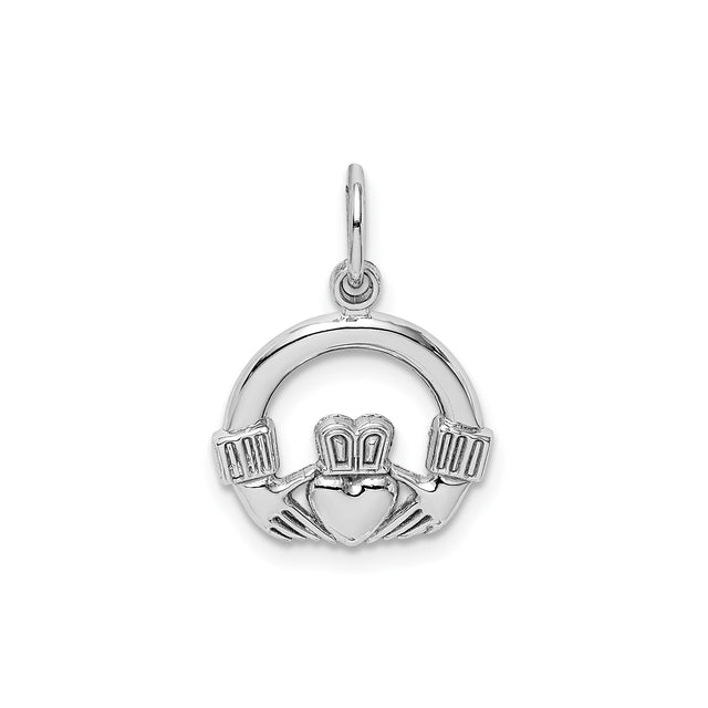 14k White Gold Claddagh Pendant with Heart, Hands and Crown, Celtic Irish Jewelry for Women