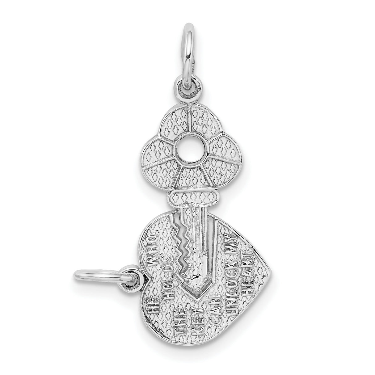 Key and Heart Break Apart Charm Pendant in Real 14k White Gold