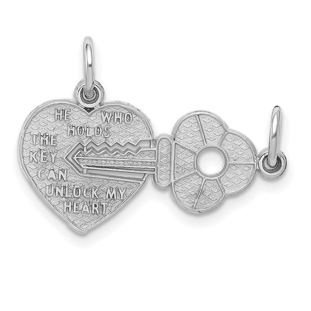 Key and Heart Break Apart Charm Pendant in Real 14k White Gold