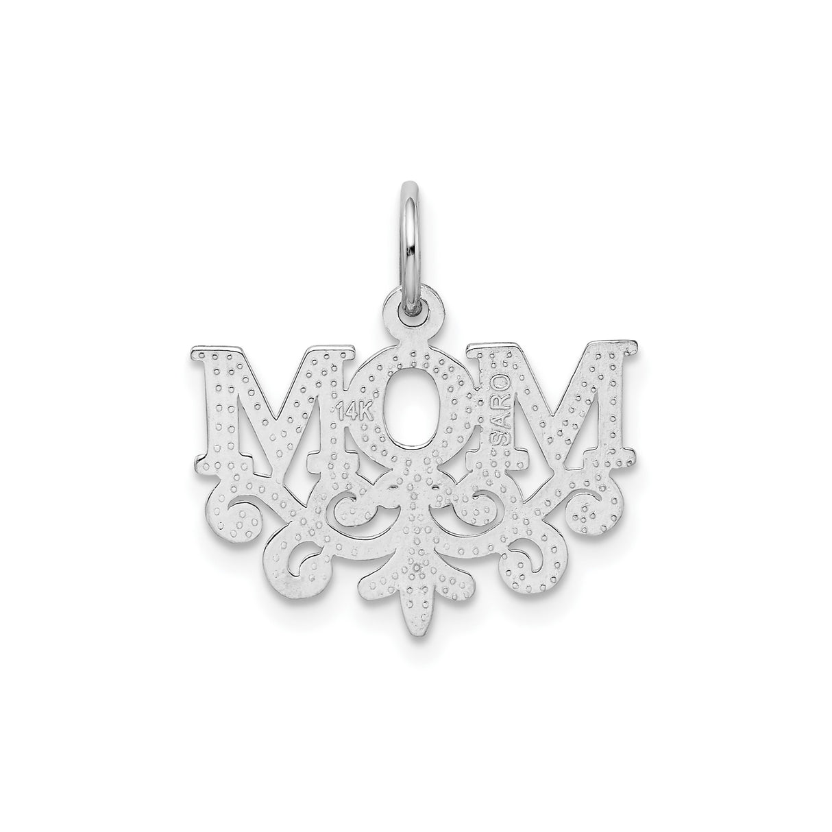 14k White Gold Mom Pendant with Scrollwork Design, Polished Charm for Women