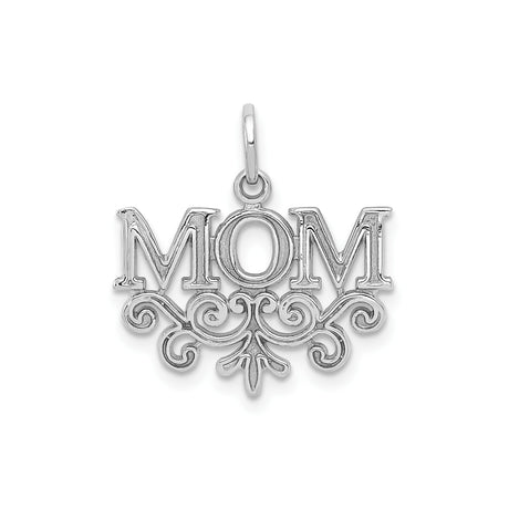 14k White Gold Mom Pendant with Scrollwork Design, Polished Charm for Women