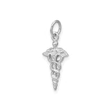 14k White Gold Caduceus Pendant with Winged Staff and Two Snakes, Medical Symbol Charm