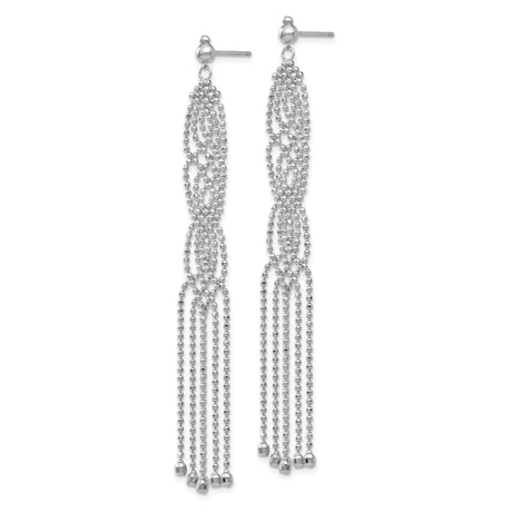 14k White Gold Dangle Earrings with Long Beaded Chain Loops and Tassel Drops