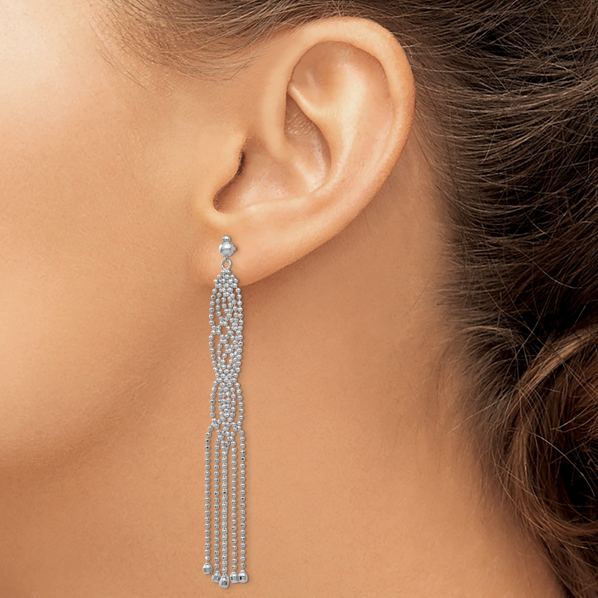 14k White Gold Dangle Earrings with Long Beaded Chain Loops and Tassel Drops