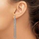 14k White Gold Dangle Earrings with Long Beaded Chain Loops and Tassel Drops