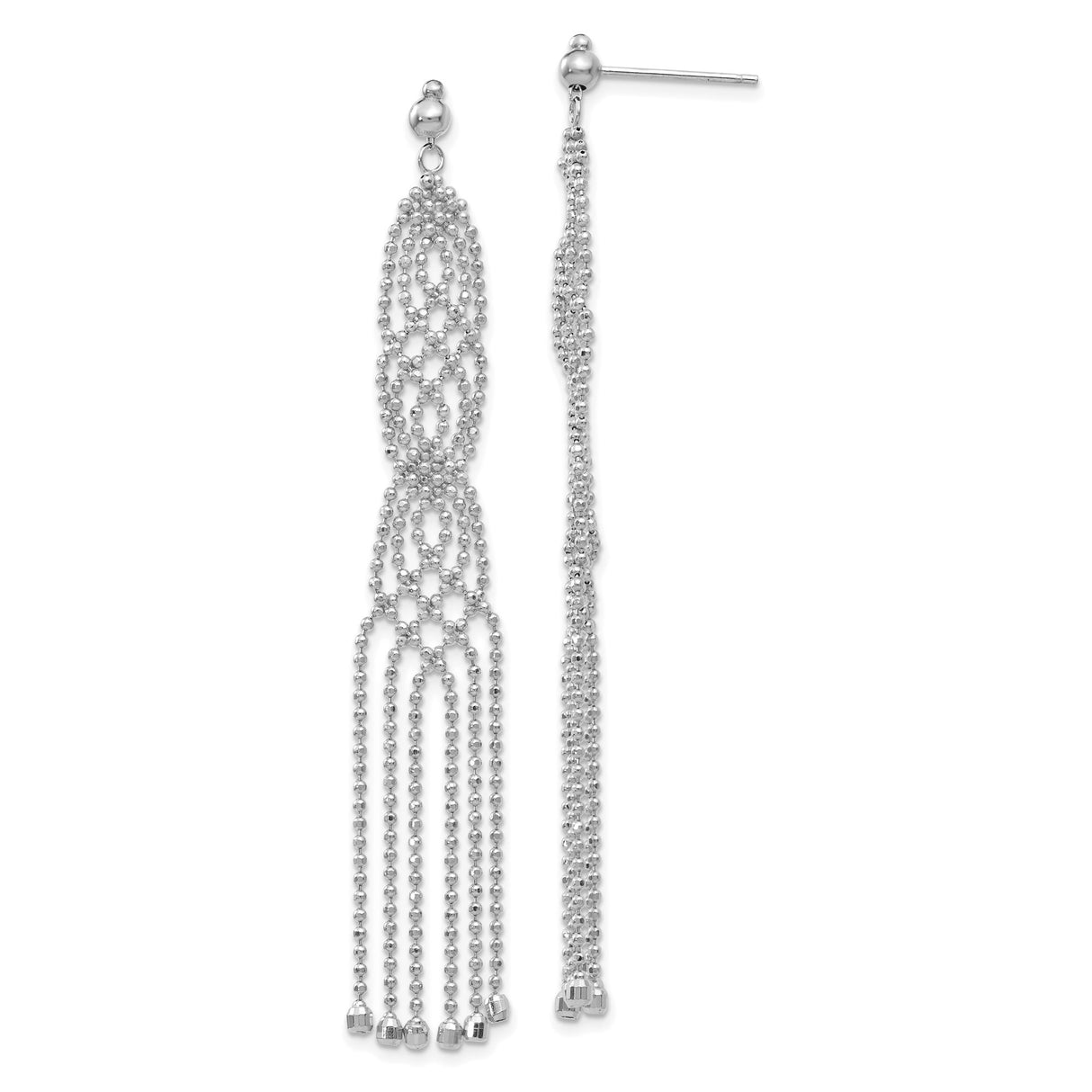 14k White Gold Dangle Earrings with Long Beaded Chain Loops and Tassel Drops