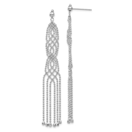 14k White Gold Dangle Earrings with Long Beaded Chain Loops and Tassel Drops