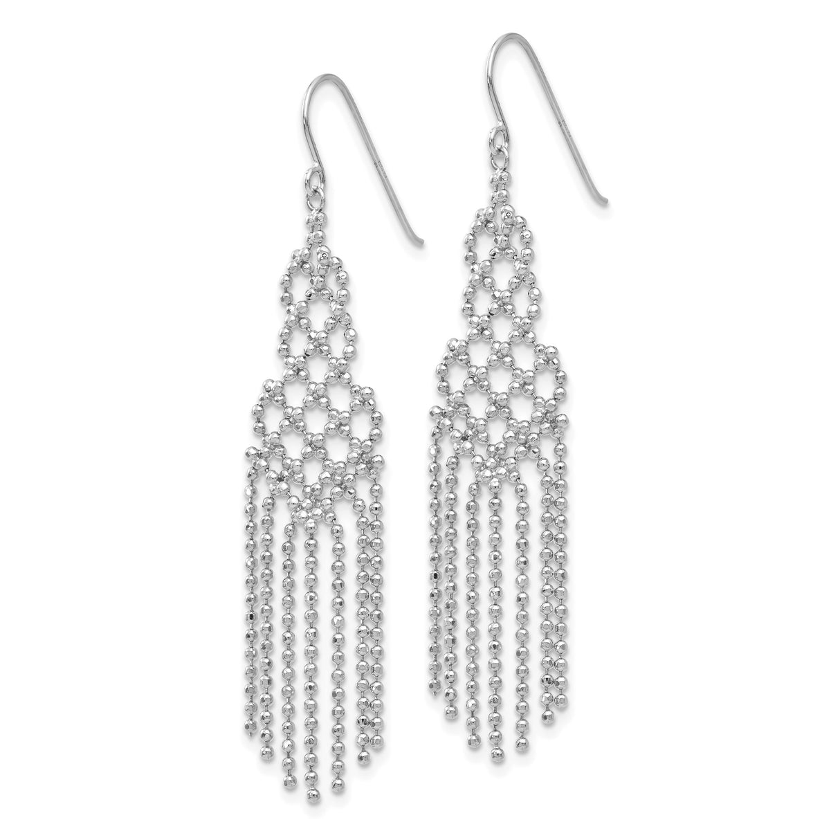 14k White Gold Chandelier Earrings with Lattice Design and Beaded Tassels