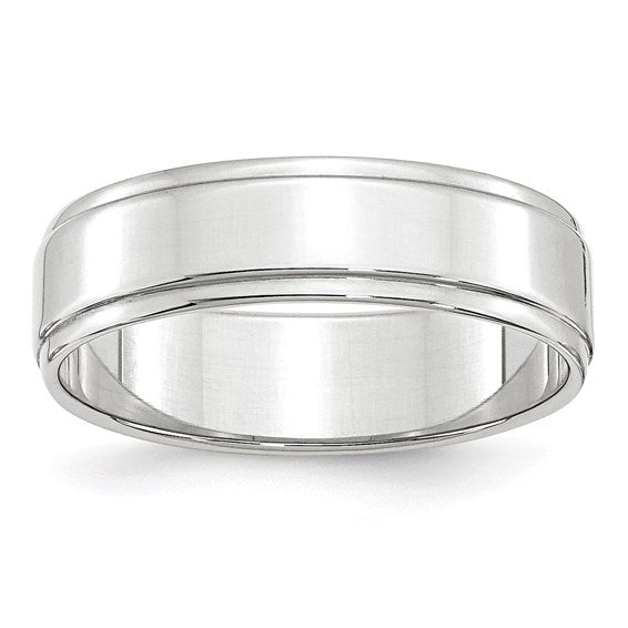 14K White Gold Flat Step-Down Edge Wedding Band, 6mm Wide, Polished Finish
