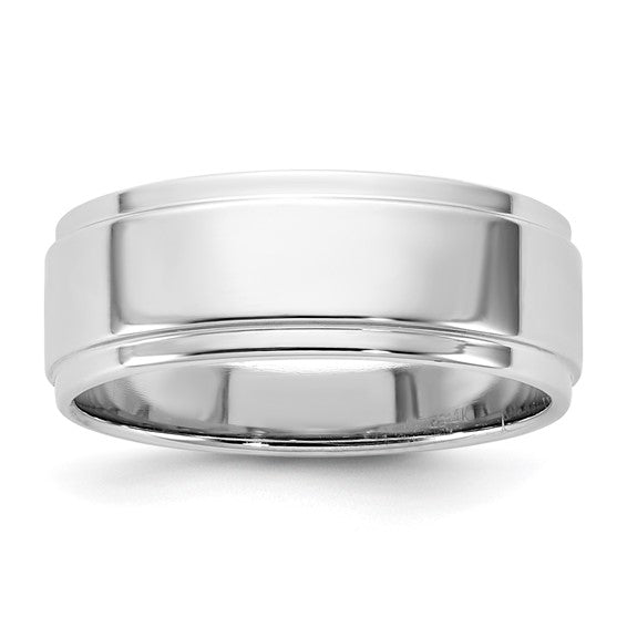 14K White Gold Flat Step Down Edge Wedding Band, 7mm Width