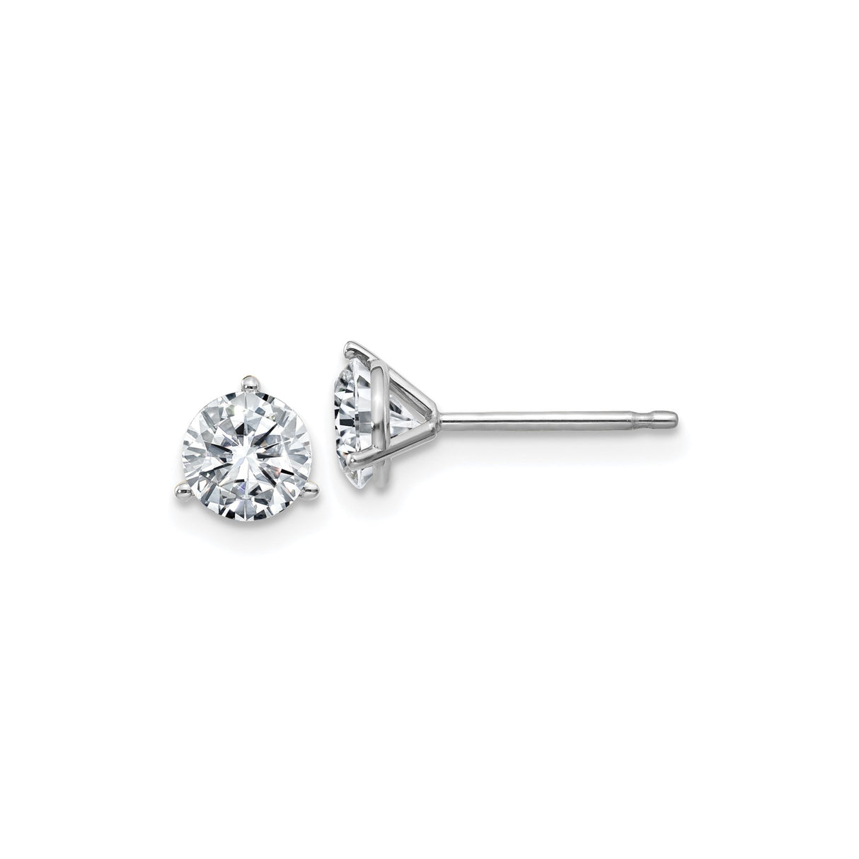 14k White Gold Stud Earrings with Moissanite Solitaire, Classic Round 3 Prong Design