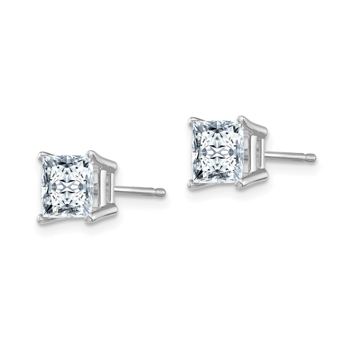 14k White Gold Princess Cut Moissanite Stud Earrings, Square Solitaire Design