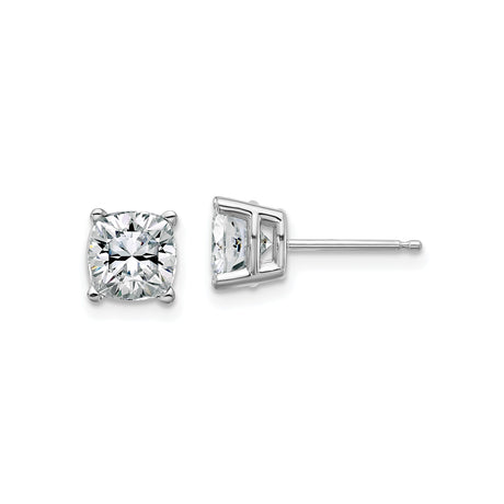 14k White Gold Cushion Cut Moissanite Stud Earrings, Four Prong Setting, Minimalist Classic Style