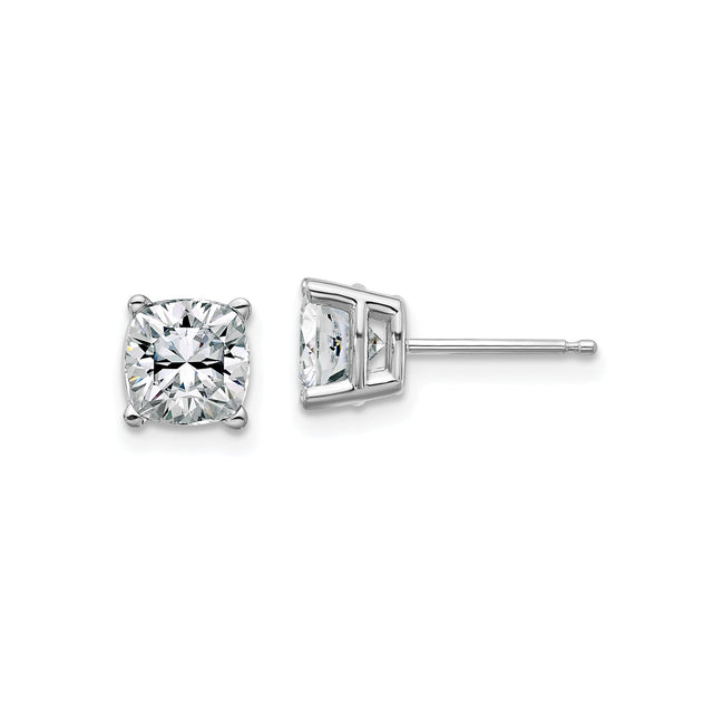 14k White Gold Cushion Cut Moissanite Stud Earrings, Four Prong Setting, Minimalist Classic Style