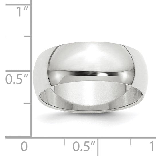 14K White Gold Domed Half Round Wedding Band, 8mm Solid Classic