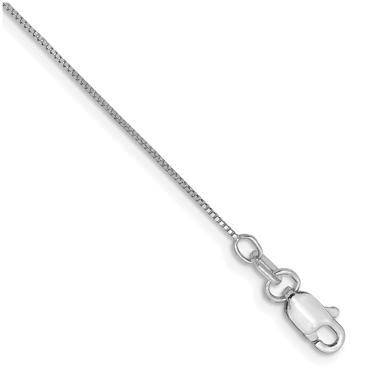 14K White Gold 0.5 mm Box Chain Anklet, Polished detail view