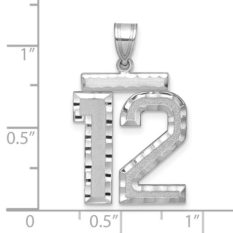Large Brushed Diamond-cut Number 12 Charm Pendant in Real 14k White Gold