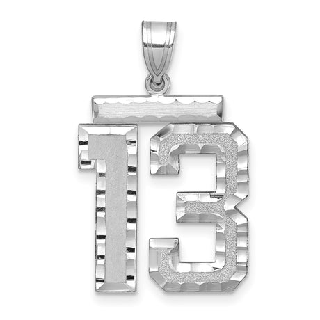 Large Brushed Diamond-cut Number 13 Charm Pendant in Real 14k White Gold