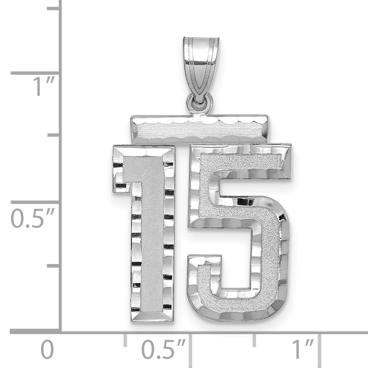 Large Brushed Diamond-cut Number 15 Charm Pendant in Real 14k White Gold