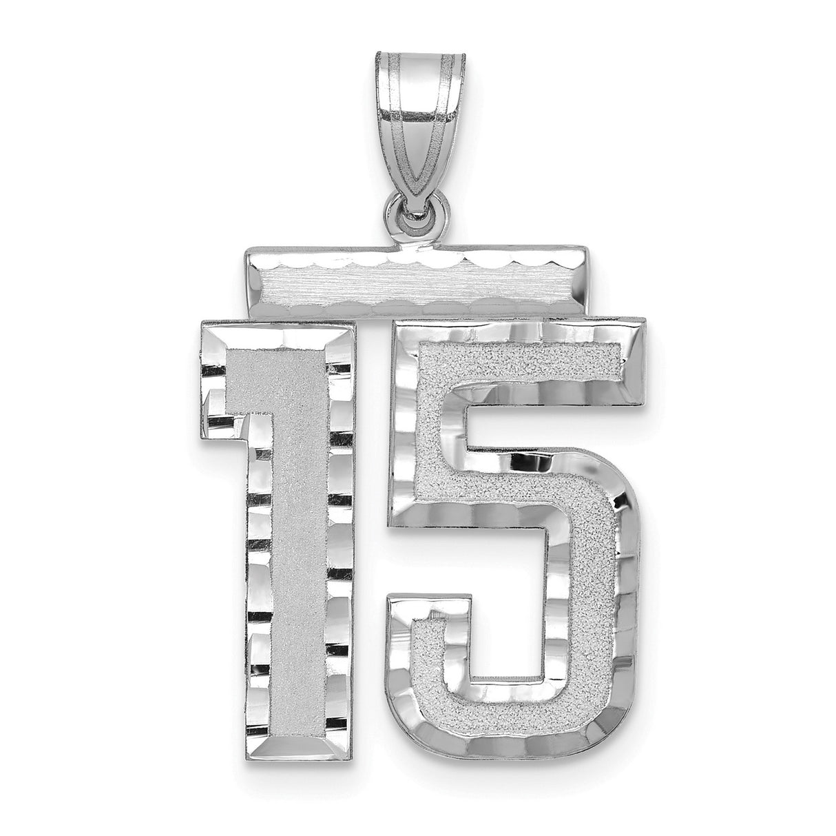 Large Brushed Diamond-cut Number 15 Charm Pendant in Real 14k White Gold
