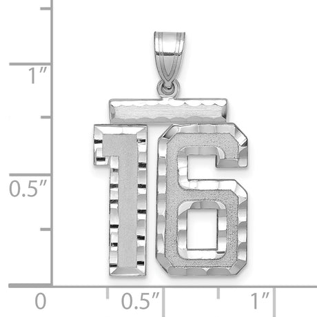Large Brushed Diamond-cut Number 16 Charm Pendant in Real 14k White Gold